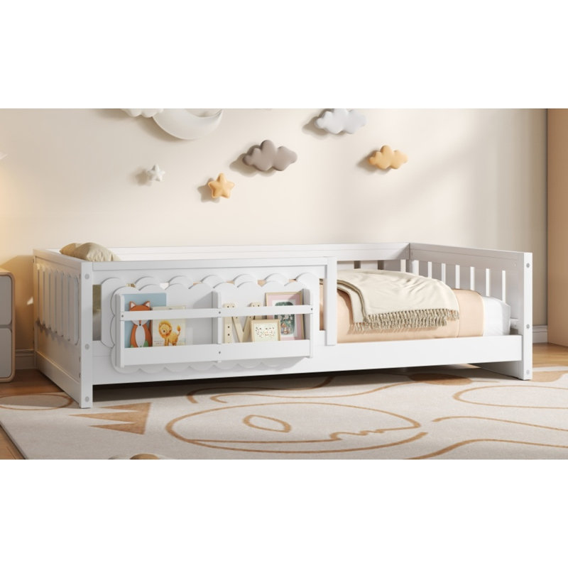 Lit plateforme simple en bois avec garde-corps et tablettes de rangement, blanc, Blanc