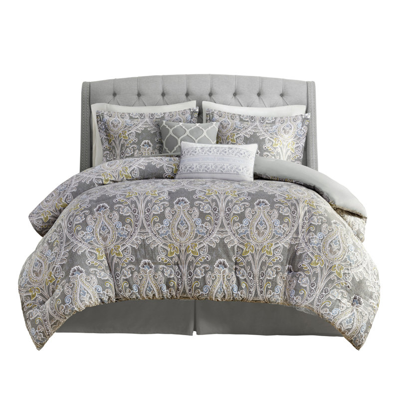 Édredon 6 pièces en coton pour très grand lit - Gris avec détails fins dans la literie