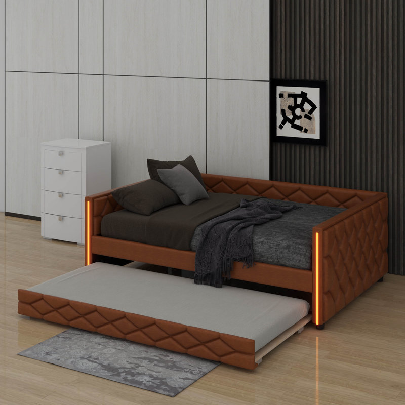 Full XL Size Upholstered Daybed With Trundle And LED, Brown