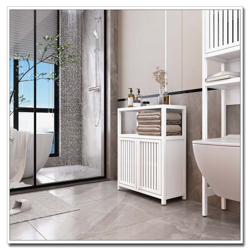 Armoire de rangement pour salle de bain en bambou avec tablettes, Blanc