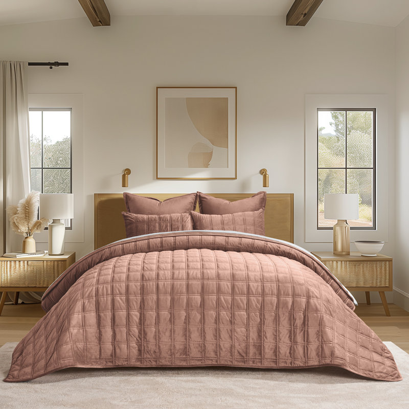 Ensemble de courtepointe en velours double, Courtepointe très grand + 2 très grandes taies d, Beige