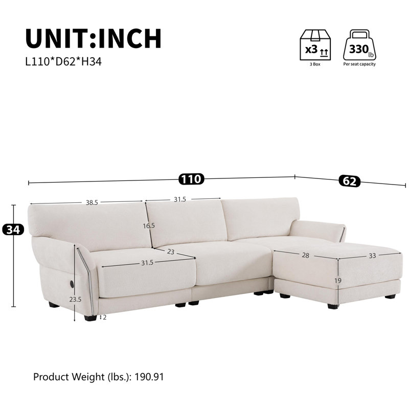 110" Smart Modular Sectional – Tech-Ready LoungeL-Shaped 4-Seater with Triple Charging & Petal Armrests, White Chenille
