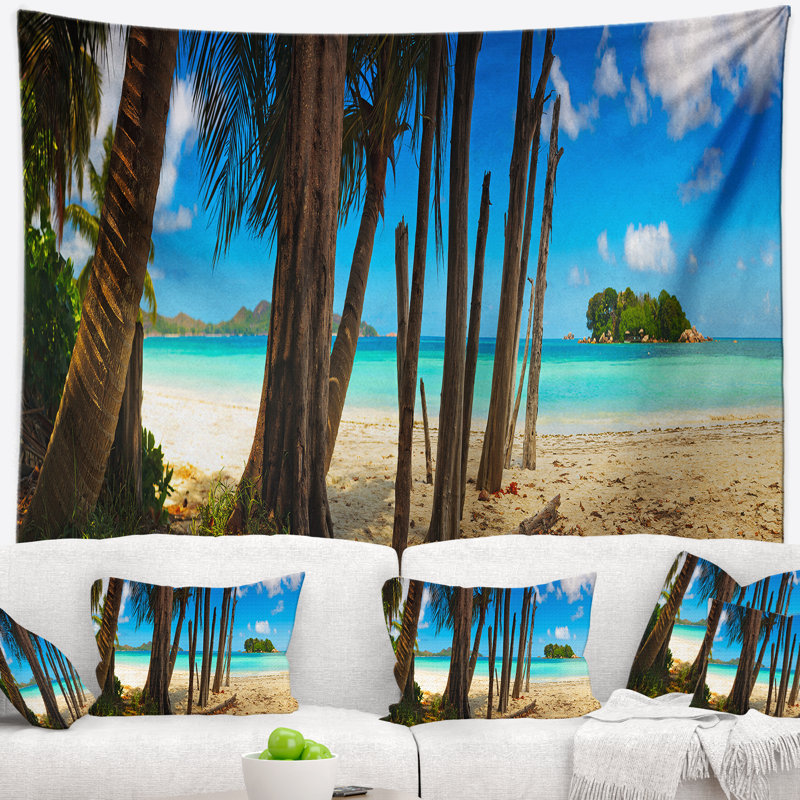 Tapisserie de paysage marin sur la plage tropicale de l'île Praslin, H 78 po x l 92 po