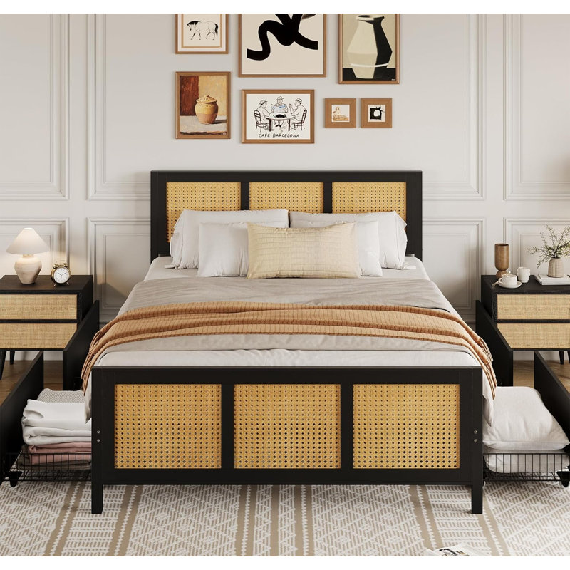 Queen Rattan Accent Storage Bed, Easy Assembly Space Saving, Black, Queen