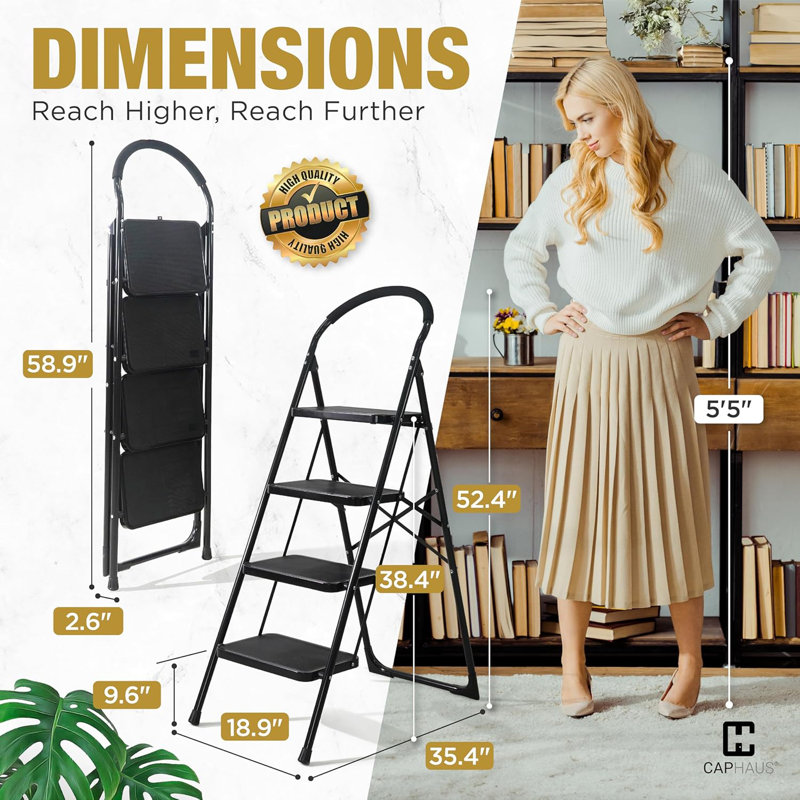 Échelle pliante à 4 marches avec pédale antidérapante très large et poignée, plusieurs couleurs disponibles, Noir