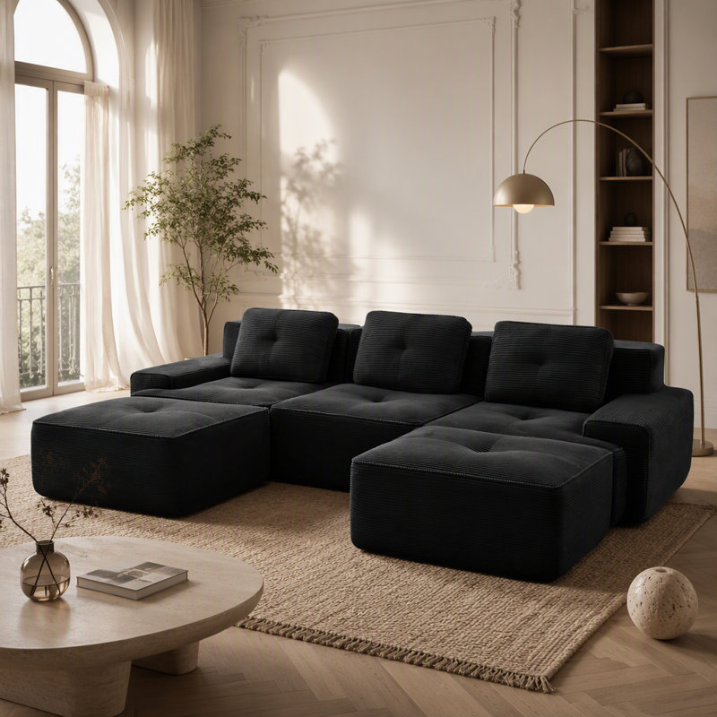 Canapé modulaire en forme de U de 117 pouces avec tissu en velours côtelé, assise profonde, repose-pieds mobile et design capitonné pour des espaces de vie élégants