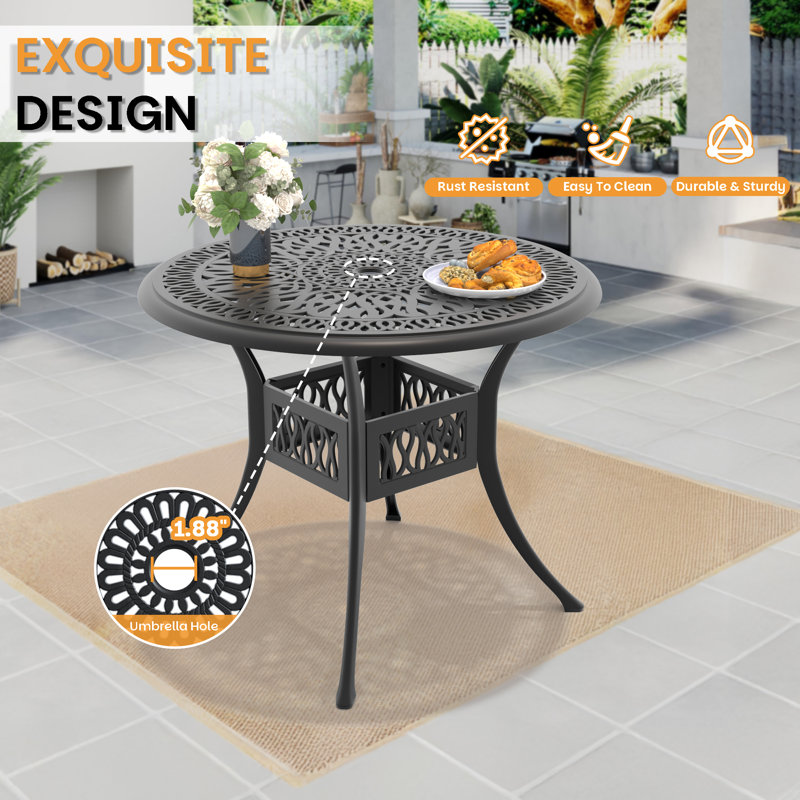 5-Piece Patio 35.43" Round Dining Set with Umbrella Hole, 5 Armchairs with Beige Cushions, 22.05'' D x 21.65'' W x 35.83'' H