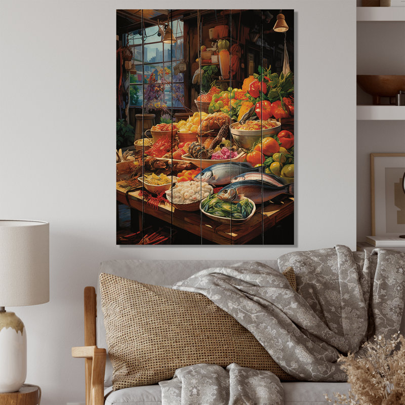 Nourriture, marché de fruits de mer sur impression sur bois, H 20 po x l 10 po x P 0,78 po