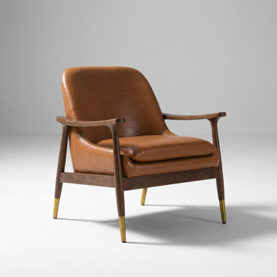 Mid-Century Modern Accent Chair with Faux Leather Upholstery and Solid Wood Frame, Featuring Brass-Tipped Legs for Living Room, Bedroom, or Office Seating