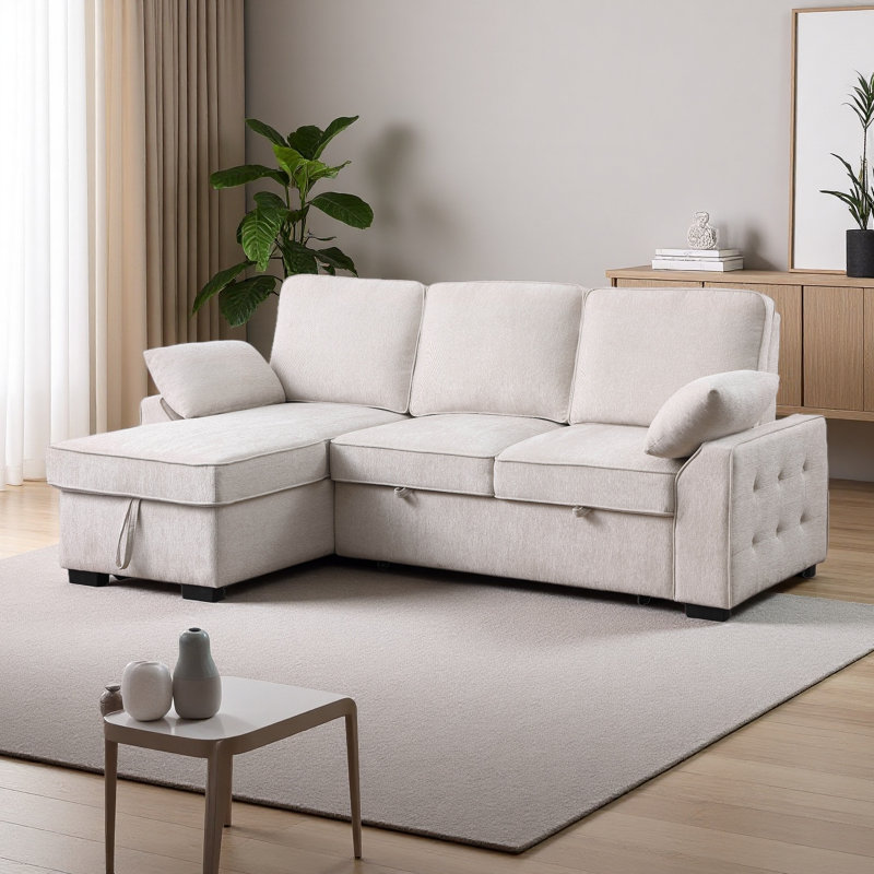 91"W Fabric Reversible Sleeper Sectional With Storage Chaise, Drop-Down Table, Cup Holders And Charging Ports, Beige Chenille