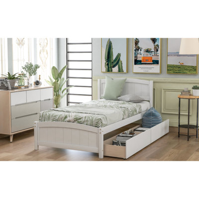 Lit simple blanc avec crochets de tiroir - Bois massif pour une solution de rangement pratique pour la chambre à coucher