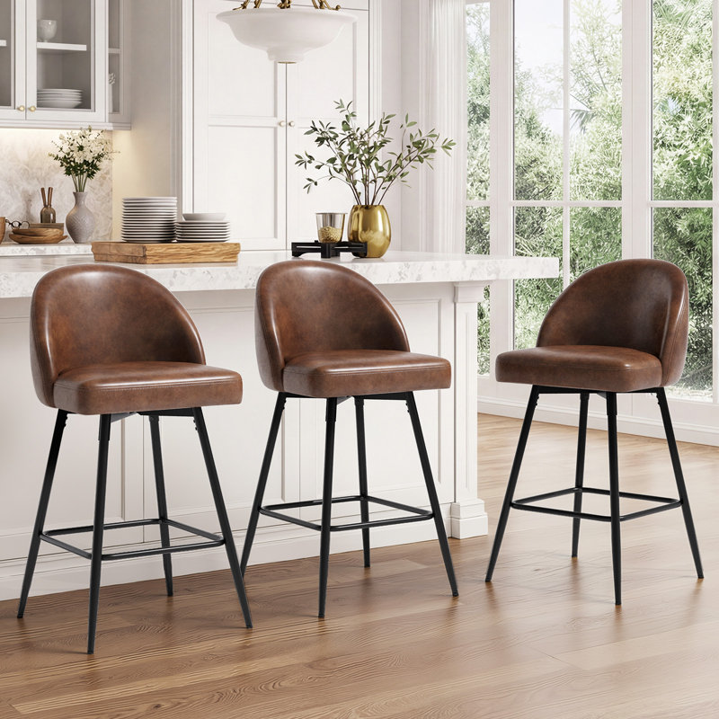 Swivel Bar Stools Set Of 3, Counter Height Bar Stools With Back & Metal Legs-Brown, Brown/Faux Leather