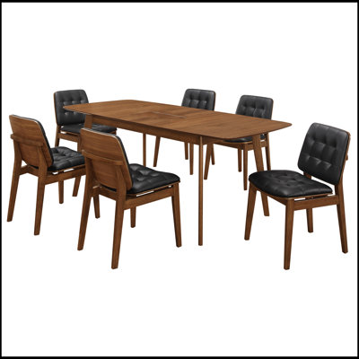 Draper Natural Walnut and Black 7-Piece Rectangular Dining Set with Mid-Century Elegance and Comfortable Seating