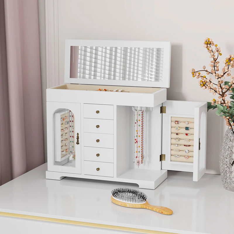 Jewelry Box, Wooden Jewelry Organizer Box With Mirror, White