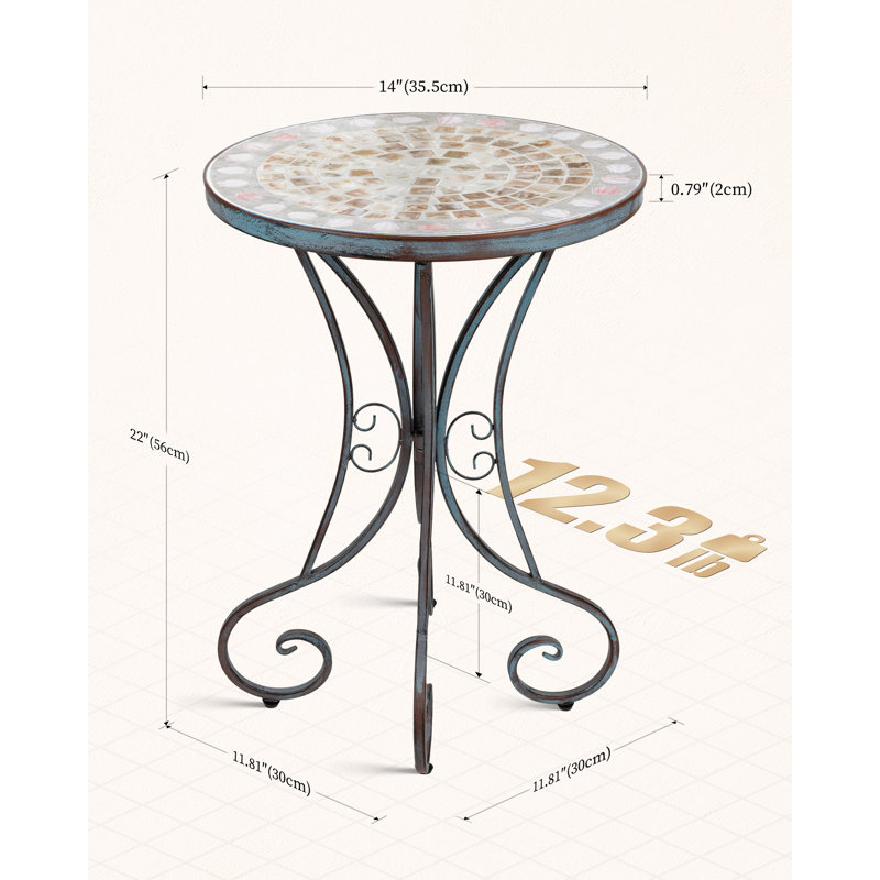 Seashell Mosaic Patio Table And Plant Stand, Outdoor Side Table For Patio With 14" Ceramic Tile Top