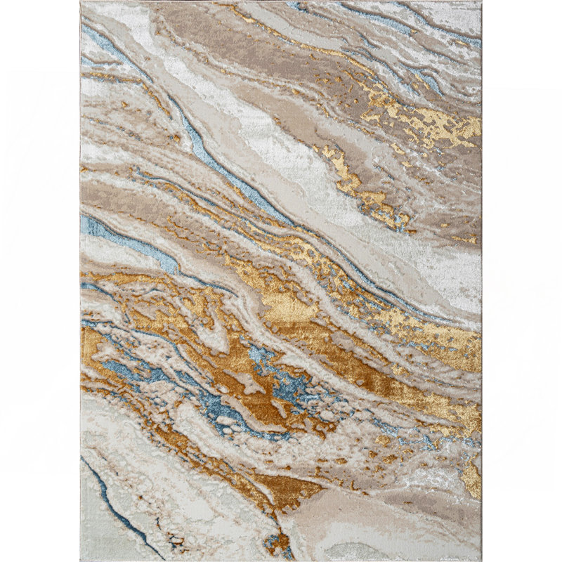 Tapis de luxe à motif abstrait beige, doré et bleu, Rectangle 2 pi x 2 pi 12 po