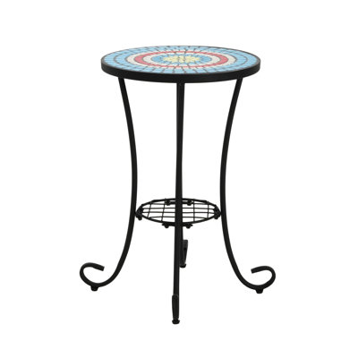 Australis Stunning Side Table With Shelf For Patio, Blue+Black Ceramic Tile, Iron Base, 14"X21.23", Versatile And Practical Blue Black Tile Shelf, Frame, 14" Diameter, 21.23" Tall, Space Design
