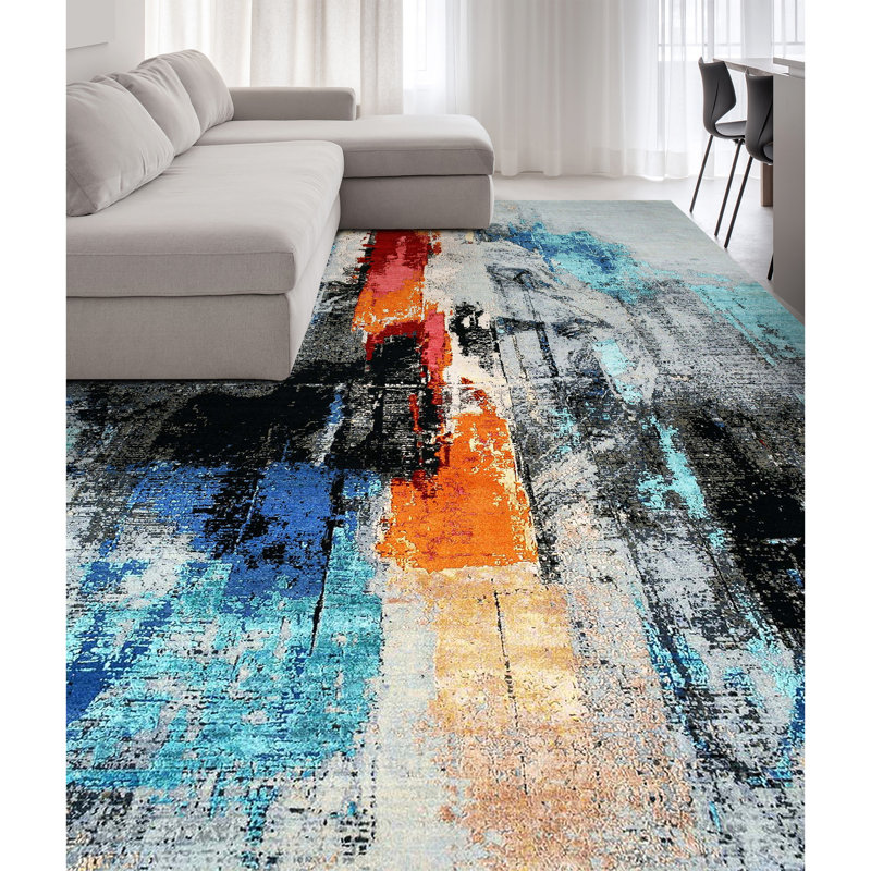 Abstract Area Rug in Blue, Rectangle 12' x 15'