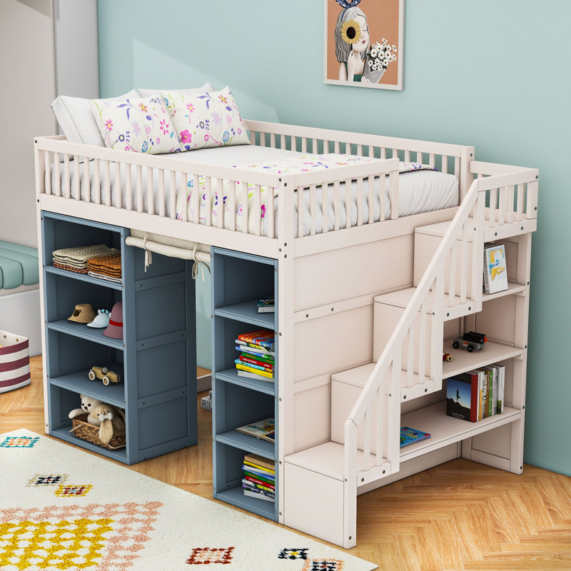 Full Loft Bed With Storage Shelves And Staircases