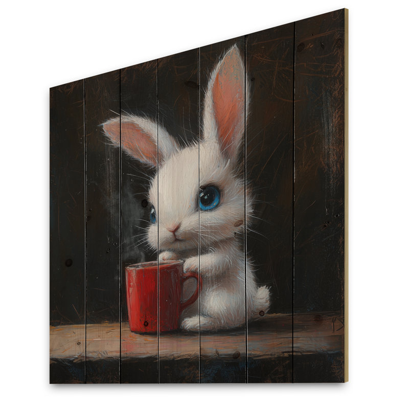 Drôle de lapin ayant un thé III - Décoration murale animal en bois de lapin - sur bois de pin naturel