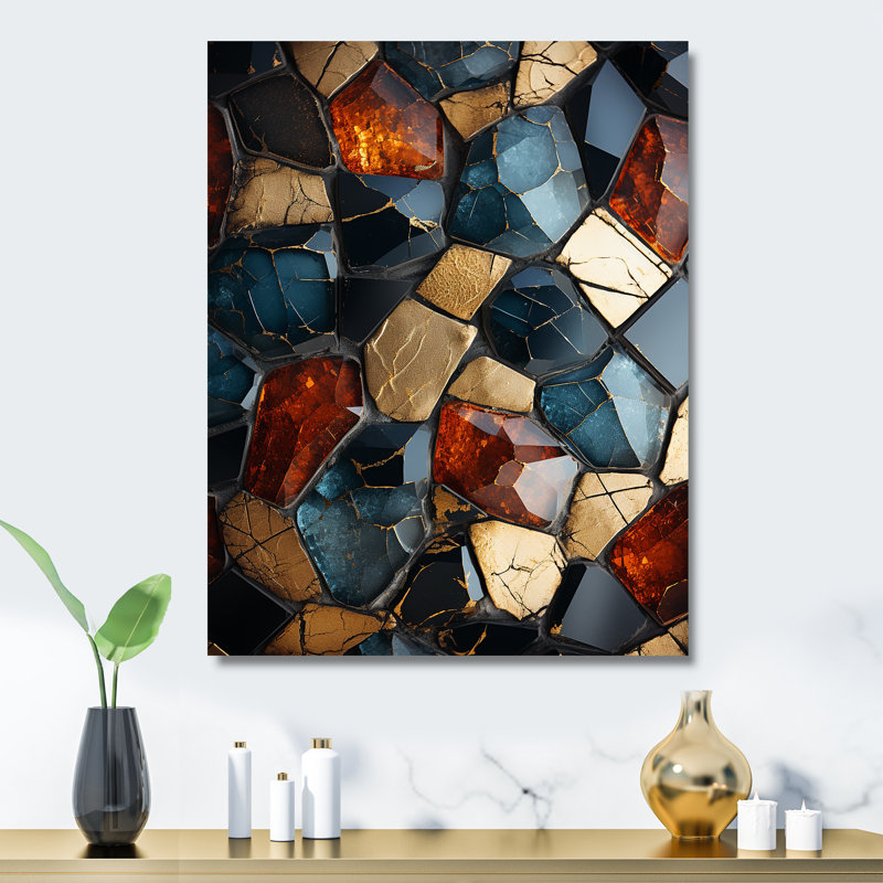 Gold And Blue Cubic Mosaic Tiles III - Abstract Tile Metal Wall Art, 20" H x 12" W x 1" D