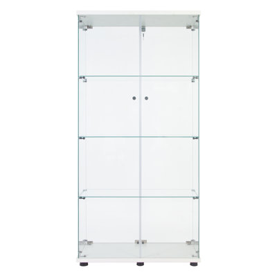 LED Strip Light Two Door Glass Cabinet Glass Display Cabinet With 4 Shelves, White
