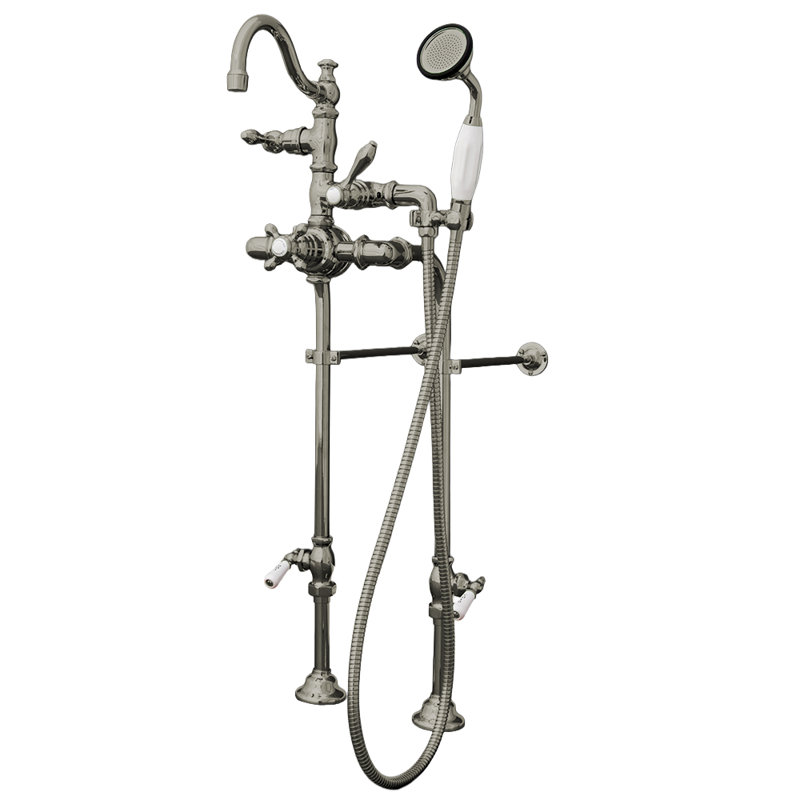 Robinet de baignoire à pattes avec inverseur et douchette à poignée, Nickel mat