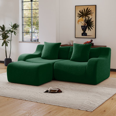 L-Shaped Soft Teddy Fabric Couch With Ottoman