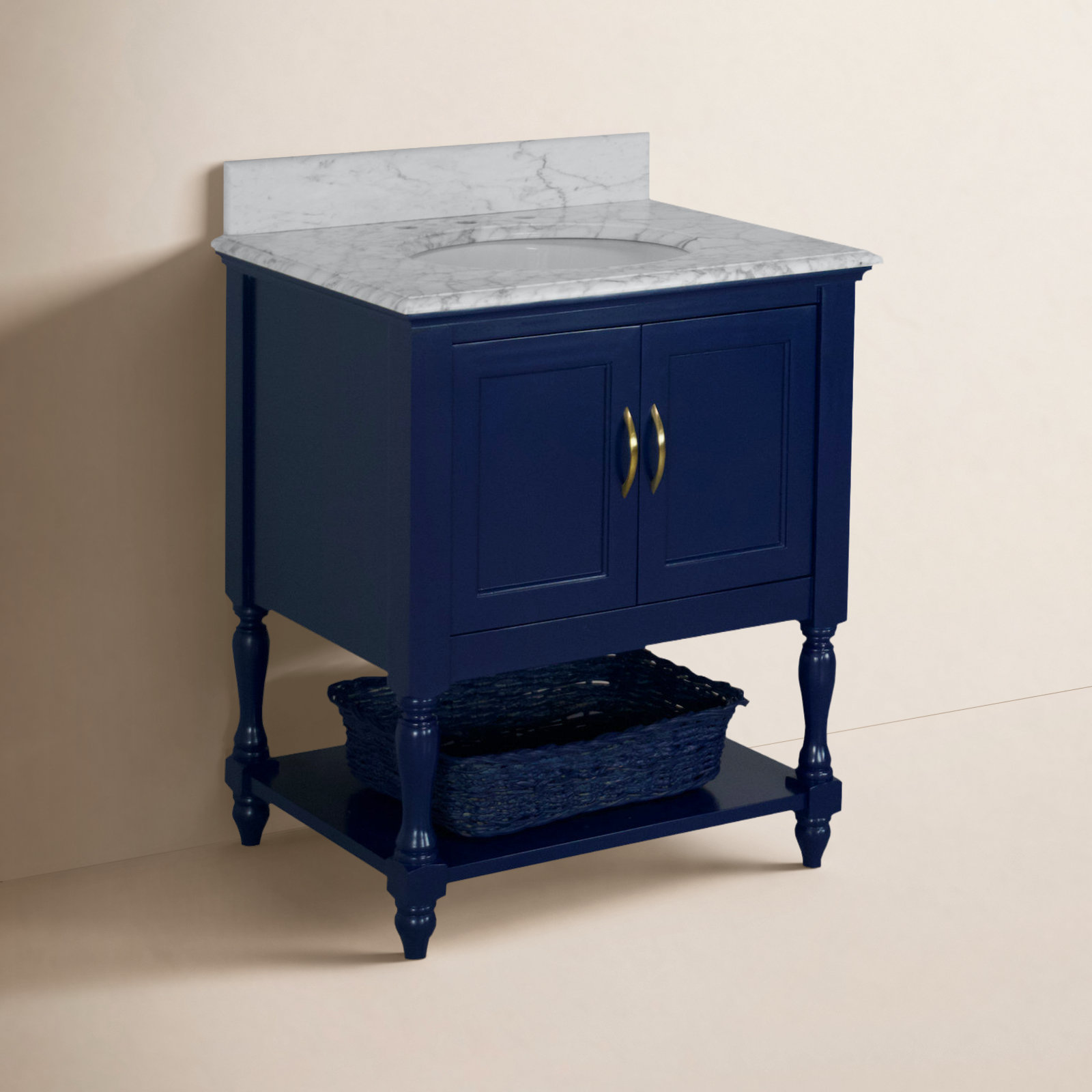 Hampton 30'' Single Bathroom Vanity, Carrara Marble, Royal Blue