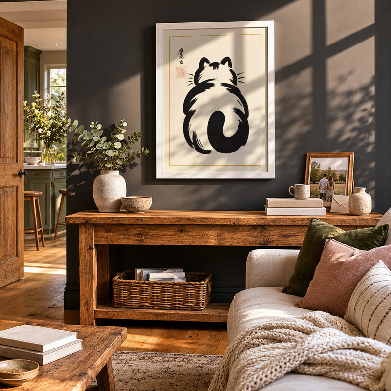 Cat in Repose Japandi - Framed Print, A3 - 42.0 x 29.7 cm, White