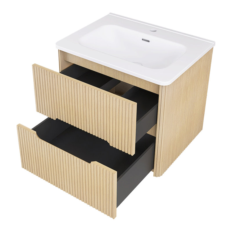 24 In. W Single Sink Wall Mounted Bath Vanity With White Ceramic, Natural