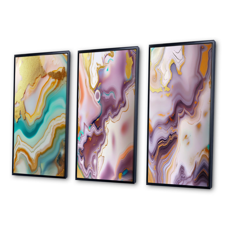 Liquid Art Gold Blue Turquoise Agate - Abstract Shapes Art Set Of 3 Pieces, Cadre noir, H 32 po x l 48 po