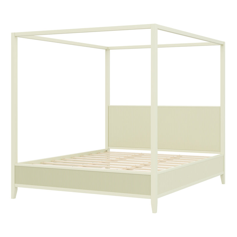Lit plateforme à baldaquin en bois avec lattes de support, Beige, Très grand lit