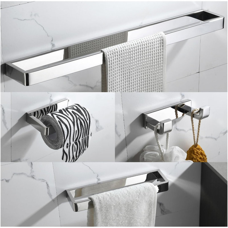 Stainless Steel Bathroom Hardware Set - 4-Piece Towel Bar, Holder, And Racks, Silver