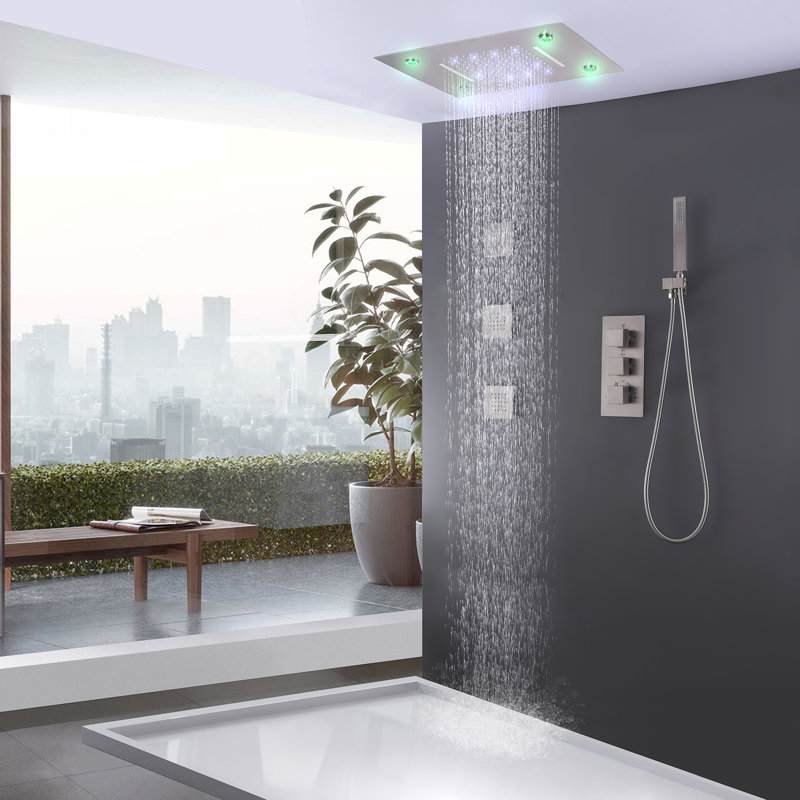Système de douche thermostatique complet à DEL avec valve brute et douche à main, Nickel brossé