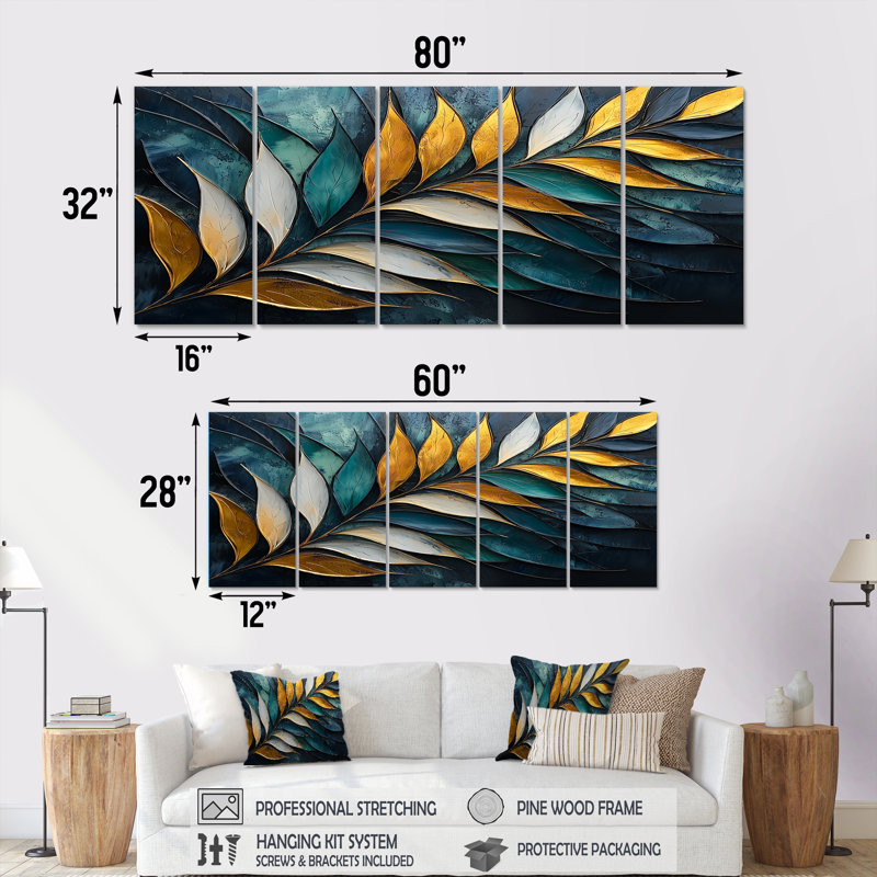 Emerald Stone Palms Leaves - Pierre - Art mural traditionnel pour le salon, H 32 po x l 80 po, 5
