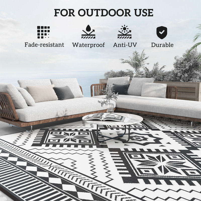 Reversible Outdoor Rug, 9' x 12' Waterproof Plastic Straw Floor Mat, Portable RV Camping Carpet, Large Floor Mat for Backyard, Deck, Picnic, Beach, White & Black Toothed Rhombus