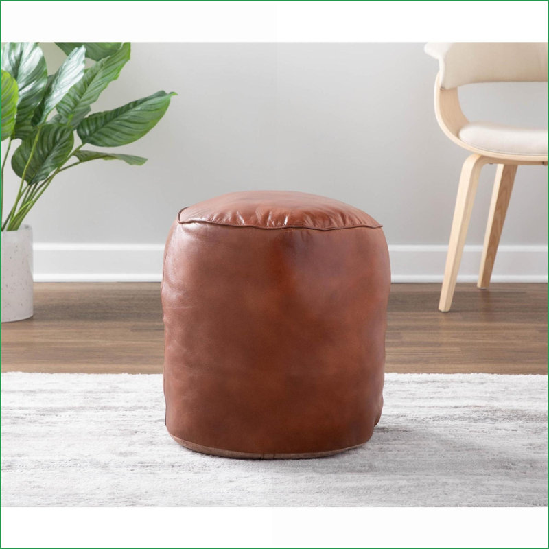 Repose-pieds, pouf rond industriel en cuir noyer | Aucun assemblage requis