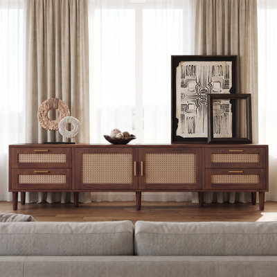 Meuble télé 78 po pour téléviseur de 85 po ou moins, console multimédia avec 4 tiroirs, pieds en bois massif, charnières à fermeture douce, pour salon, meuble audio-vidéo moderne