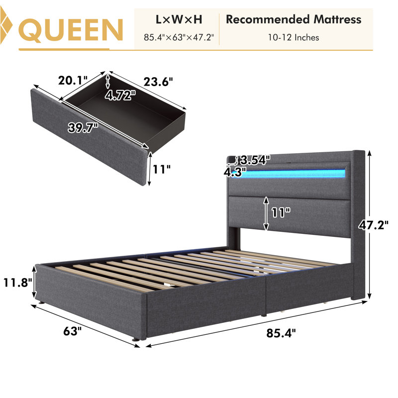 Berneil Upholstered Bed Frame with RGBW LED Lights Headboard & 4 Storage Drawers, Queen, Dark Gray