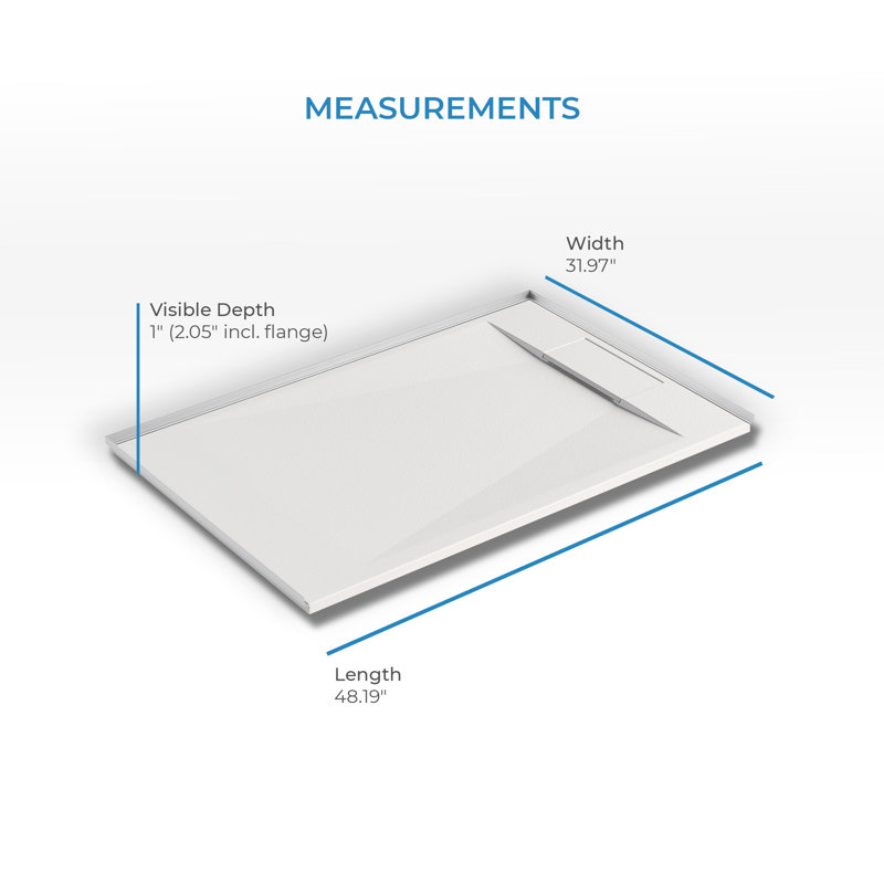 Receveur de douche rectangulaire extra-plat Lenora 122 cm x 81 cm avec bonde latérale dissimulée, blanc uni, White