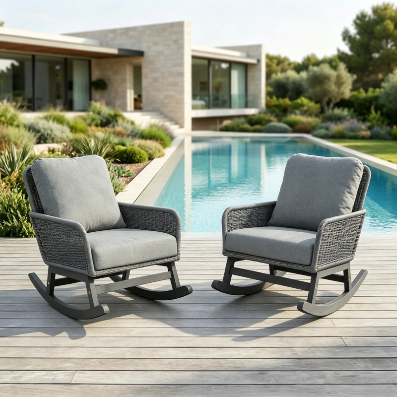 Chaises berçantes d'extérieur 2 pièces en osier avec coussins 2 pièces, Gris, Gray