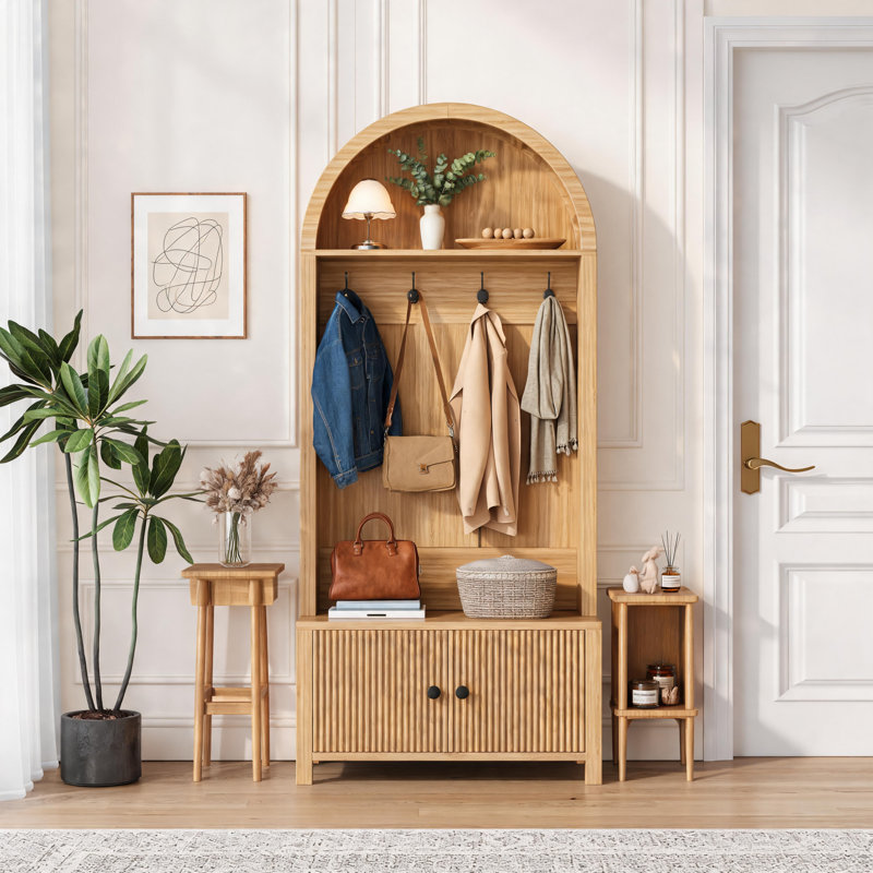 Natural-Colored Farmhouse-Style Entryway Coat Rack, Four-In-One Multi-Functional, Includes Hooks, Shoe Rack, Bench, And Hallway Use.