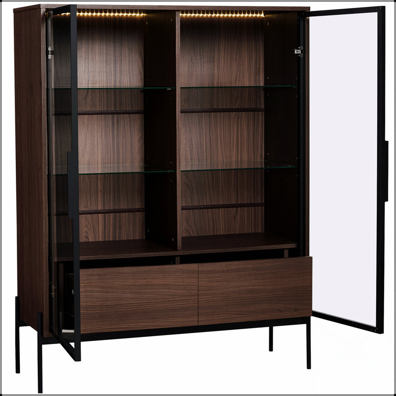 Vitrine lumineuse de 51,2 po de hauteur avec verre trempé, pieds en métal, éclairage DEL, style minimaliste moderne pour le salon, le bureau, le bureau, finition noyer
