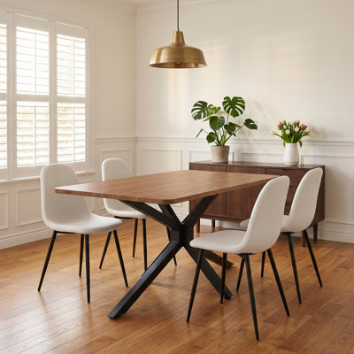 5-piece Wood Grain Dining Table And 4 White Fabric Upholstered Dining Chairs With Metal Base For Kitchen, Dining Room, Living Room