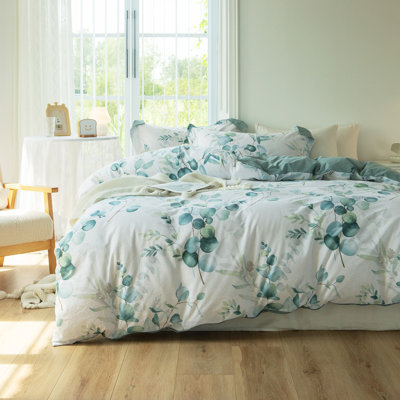 Ensemble de housse de couette 100% coton lavé Schexnayder - Aspect lin, imprimé feuilles de sauge, respirant avec fermeture à glissière