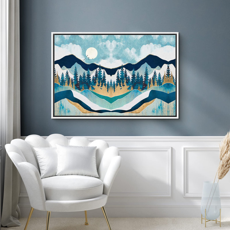 "Woodland symétrique bleu sarcelle et bleu forêt et montagnes, paysage sauvage abstrait, art moderne rustique" sur toile