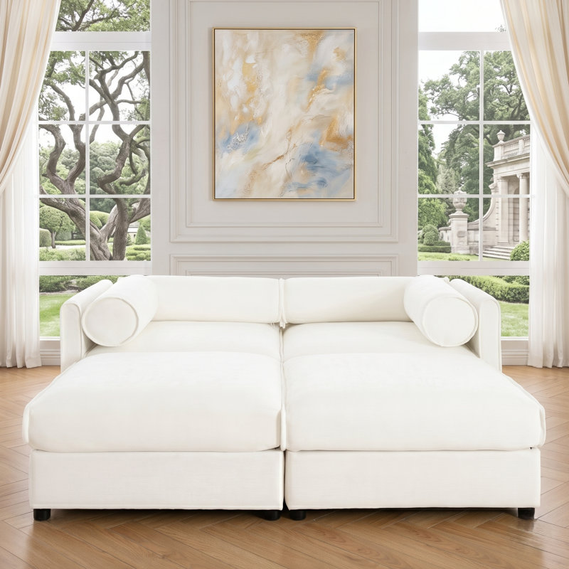 Causeuse modulaire moderne en chenille blanche avec repose-pieds avec accoudoirs cylindriques, Blanc