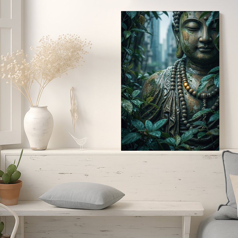 Statue de Bouddha en bronze avec perle dorée brillante au milieu de feuilles vertes, H 18 po x l 12 po