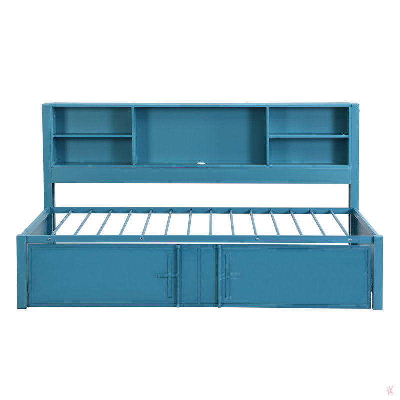 Metal Twin Size Daybed With Twin Size Trundle, Storage Shelves And USB Ports, Blue